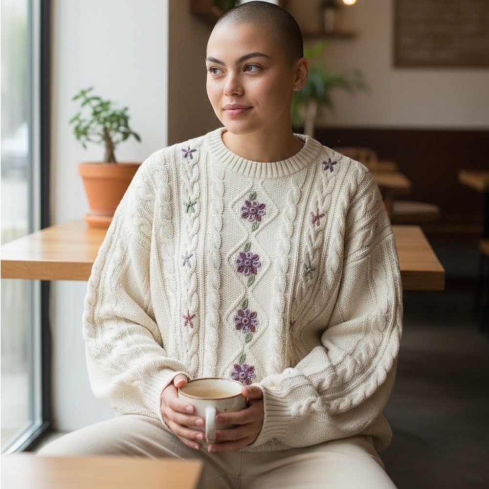Vintage Tulchan Floral Embroidered Sweater Cable Cotton Cream X-Large